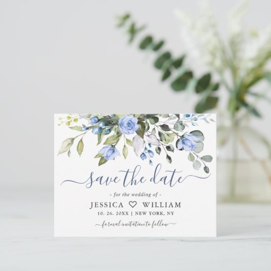 Dusty Blue Elegant Eukalyptus-Rose Save the Date Postkarte (Stehend Vorderseite)