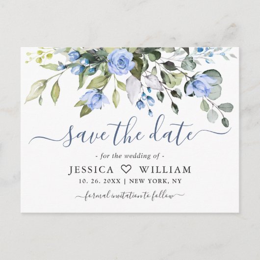 Dusty Blue Elegant Eukalyptus-Rose Save the Date Postkarte (Vorderseite)