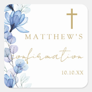 Dusty Blue Elegant Floral Confirmation Quadratischer Aufkleber