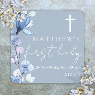Dusty Blue Elegant Floral First Holy Communion Quadratischer Aufkleber