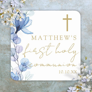 Dusty Blue Elegant Floral First Holy Communion Quadratischer Aufkleber