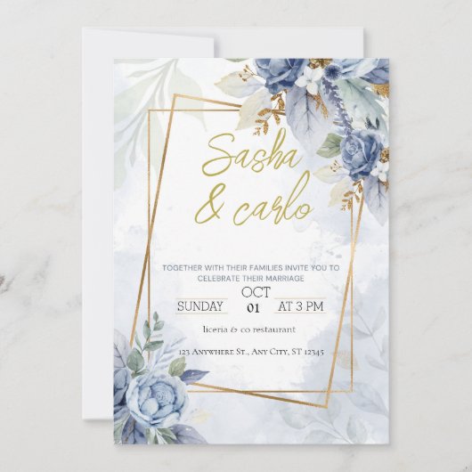 Dusty Blue Elegant Floral Wedding Einladungskarte Einladung (Vorderseite)
