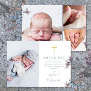 Dusty Blue Elegant Foto Collage Script Taufe Dankeskarte