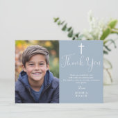 Dusty Blue Elegant Foto Erste Heilige Kommune Dankeskarte (Stehend Vorderseite)