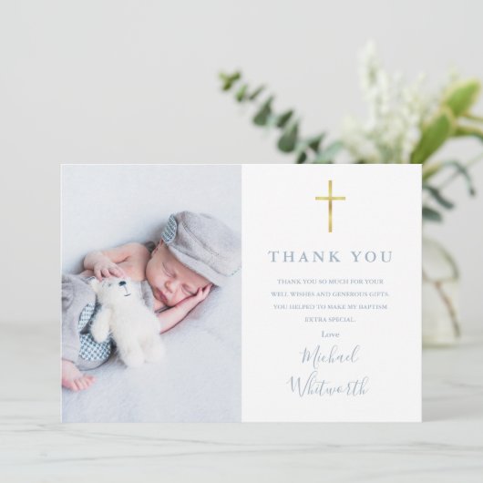 Dusty Blue Elegant Foto Signature Script Taufe Dankeskarte (Stehend Vorderseite)