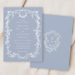 Dusty Blue Elegant French Floral Wedding Einladung<br><div class="desc">Eleganter blauer Rahmen Hochzeitseinladung mit einem blumengeschmückten Wappen und Monogramm auf der Rückseite. Für eine weiter gehende Anpassung dieses Designs klicken Sie bitte auf die Schaltfläche "DESIGN TOOL" oben!</div>