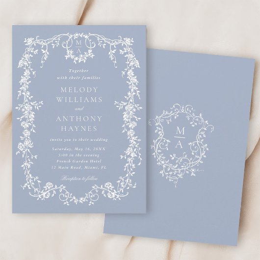 Dusty Blue Elegant French Floral Wedding Einladung