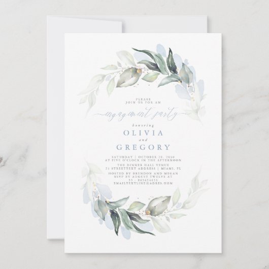 Dusty Blue Elegant Greenerity Engagement Party Einladung (Vorderseite)