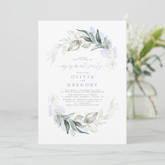 Dusty Blue Elegant Greenerity Engagement Party Einladung (Stehend Vorderseite)