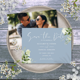 Dusty Blue Elegant Grüne Foto Hochzeit Save The Date