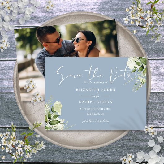 Dusty Blue Elegant Grüne Foto Hochzeit Save The Date