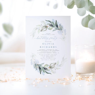 Dusty Blue Elegant Grüne Geburtstagsparty Einladung