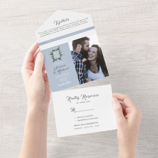 Dusty Blue Elegant Grüne Hochzeit All In One Einladung (Abreißen)