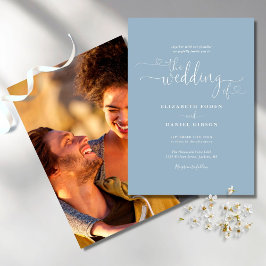 Dusty Blue Elegant Hearts Script Foto Wedding Einladung