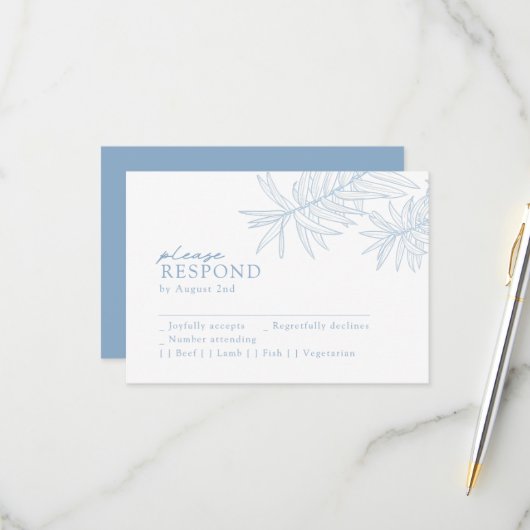 Dusty Blue Elegant Minimalistisch Botanisch RSVP Karte (Vorderseite/Rückseite Beispiel)
