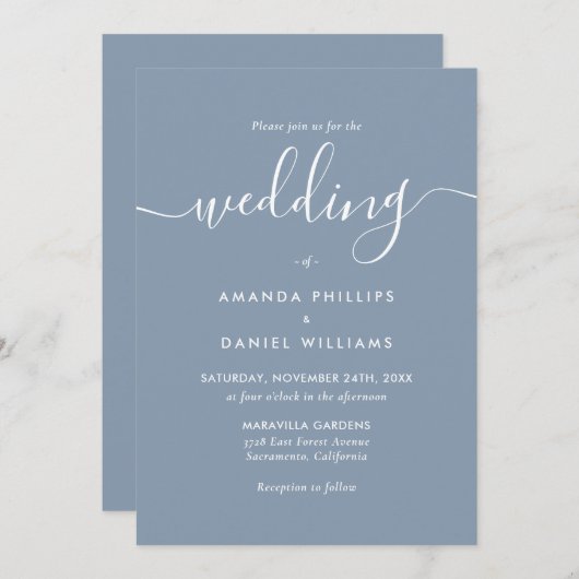 Dusty Blue Elegant Moderne Skripthochzeit Einladung (Vorne/Hinten)