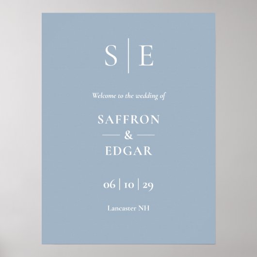 Dusty Blue Elegant Monogram Wedding Welcome Sign Poster (Vorne)
