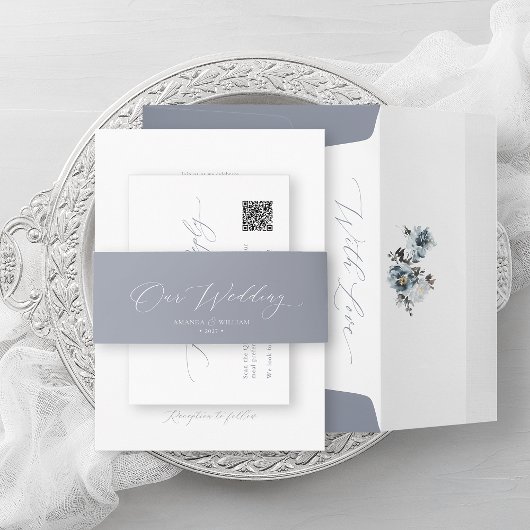 Dusty Blue Elegant QR Code RSVP Card Begleitkarte