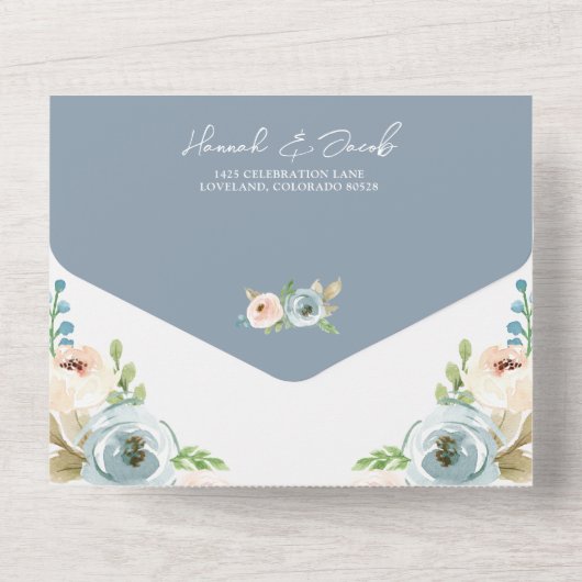 Dusty Blue Elegant Rustikale Hochzeit mit UAWG All In One Einladung (Rückseite)