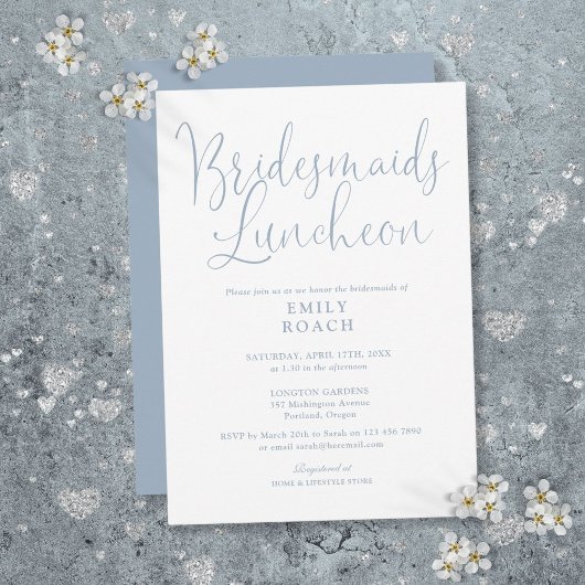Dusty Blue Elegant Script Bridesmaids Luncheon Einladung