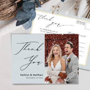 Dusty Blue Elegant Script Chic Wedding Vielen Dank Postkarte