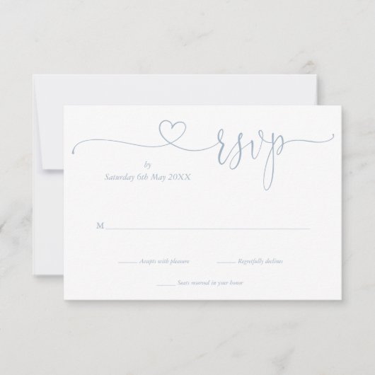 Dusty Blue Elegant Script Heart Simple RSVP Karte (Vorderseite)