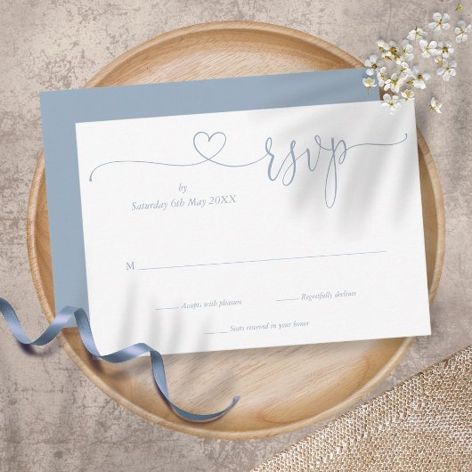Dusty Blue Elegant Script Heart Simple RSVP Karte