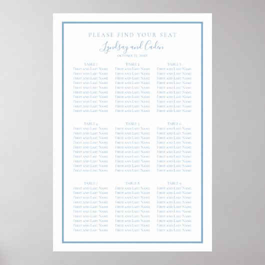 Dusty Blue Elegant Script Hochzeitsdiagramm Poster (Vorne)
