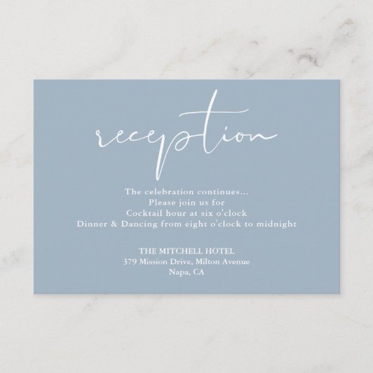 Dusty Blue Elegant Script Hochzeitsempfang Begleitkarte (Vorderseite)