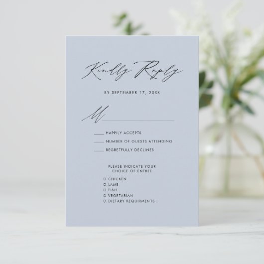 Dusty Blue Elegant Script Minimalistisch Wedding R Begleitkarte (Stehend Vorderseite)