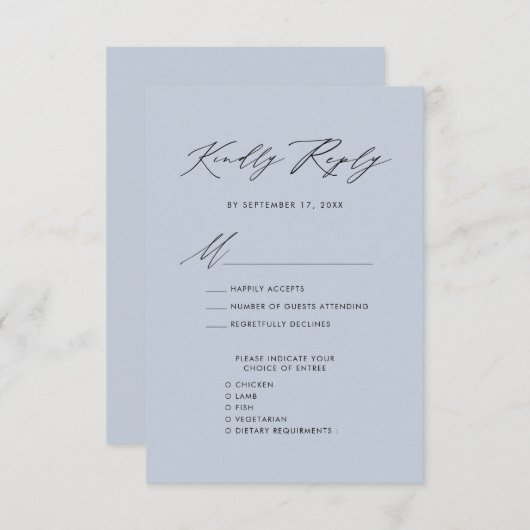 Dusty Blue Elegant Script Minimalistisch Wedding R RSVP Karte (Vorne/Hinten)