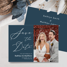 Dusty Blue Elegant Script Modernes Foto Hochzeit Save The Date