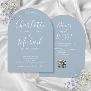 Dusty Blue Elegant Script QR Code Arch Wedding Einladung