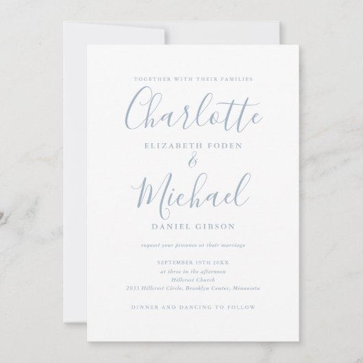 Dusty Blue Elegant Script QR Code Foto Wedding Einladung (Vorderseite)