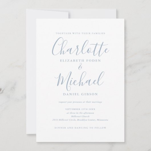 Dusty Blue Elegant Script QR Code Wedding Einladung (Vorderseite)