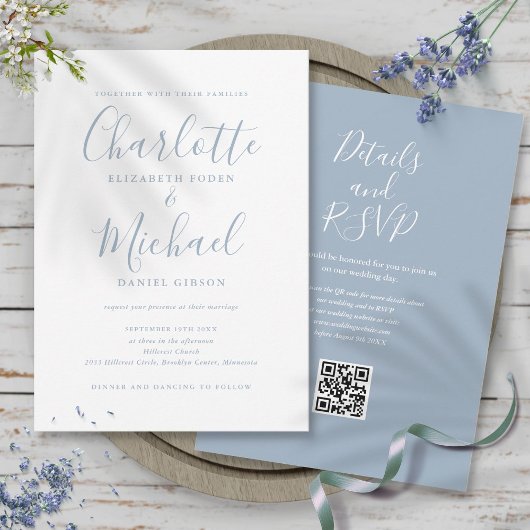 Dusty Blue Elegant Script QR Code Wedding Einladung