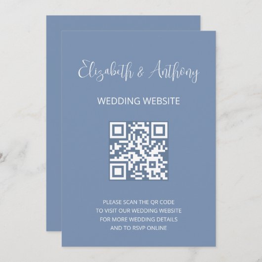 Dusty Blue Elegant Script | QR Code Wedding RSVP Einladung (Vorne/Hinten)