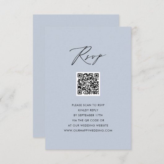 Dusty Blue Elegant Script Simple QR Wedding RSVP Begleitkarte (Vorne/Hinten)