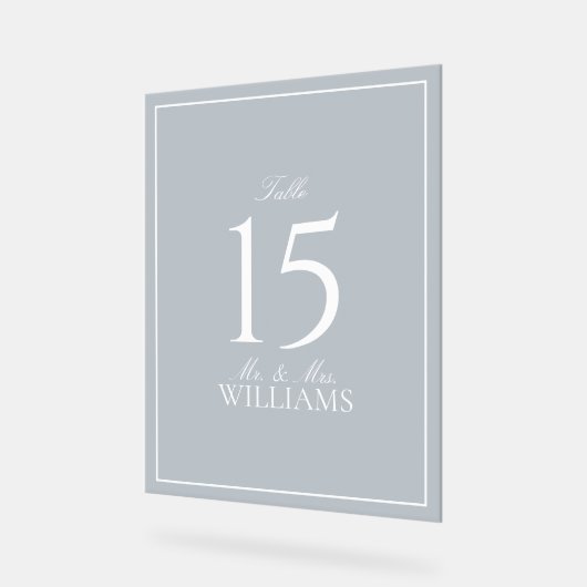 Dusty Blue Elegant Script Wedding Tischnummer Acrylschild (Winkel)