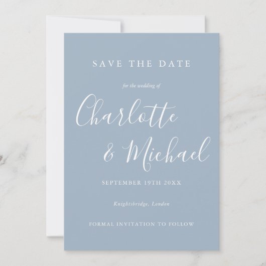 Dusty Blue Elegant Signature Script-Foto Save The Date (Vorderseite)
