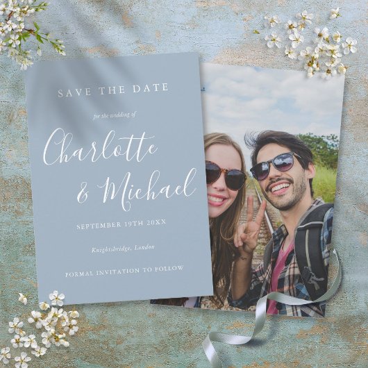 Dusty Blue Elegant Signature Script-Foto Save The Date