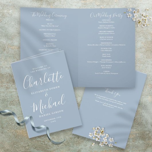 Dusty Blue Elegant Signature Script Hochzeit Programm