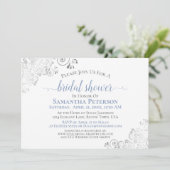 Dusty Blue Elegant Silver on White Brautparty Einladung (Stehend Vorderseite)