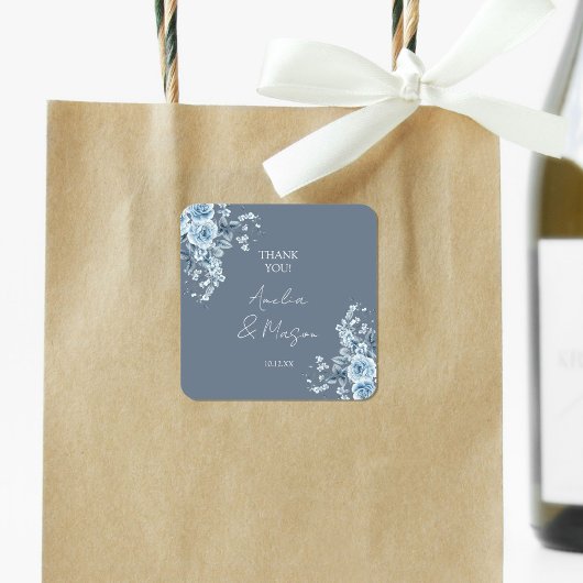 Dusty Blue Elegant Thank You Wedding Quadratischer Aufkleber