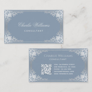 Dusty Blue Elegant Vintag Calligraphy QR Code Visitenkarte