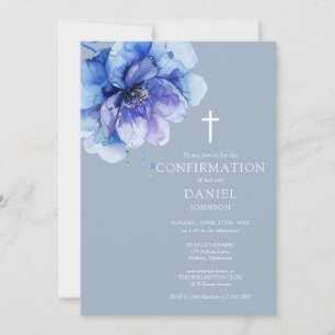 Dusty Blue Elegant Watercolor Floral Confirmation Einladung