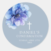 Dusty Blue Elegant Watercolor Floral Confirmation Runder Aufkleber (Vorderseite)