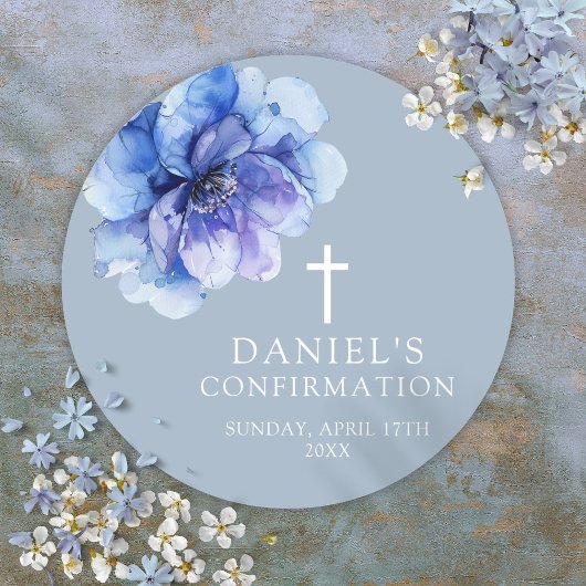 Dusty Blue Elegant Watercolor Floral Confirmation Runder Aufkleber