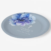 Dusty Blue Elegant Watercolor Floral Taufpapier Pappteller (Schrägansicht)
