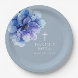 Dusty Blue Elegant Watercolor Floral Taufpapier Pappteller